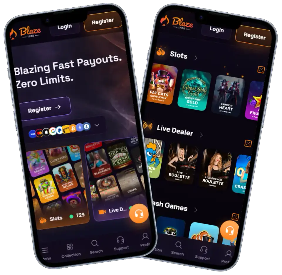 Blaze Spins Casino mobile interface showing slot games and navigation menu on two smartphones