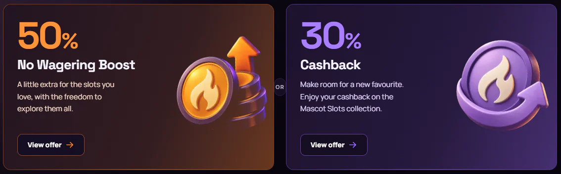 Blaze Spins Casino promotions featuring a 50% No Wagering Boost and 30% Cashback on Mascot Slots
